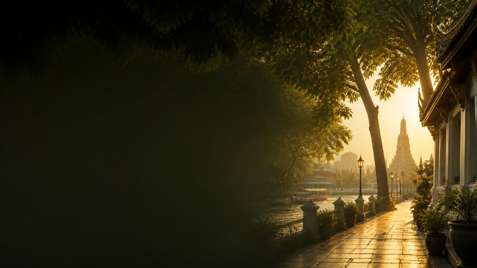 A peaceful golden morning beside a Thai temple